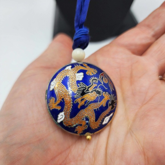 Vintage Dragon Cloisonné Blue Orange Necklace 34" Long Large Pendant - Picture 4 of 5